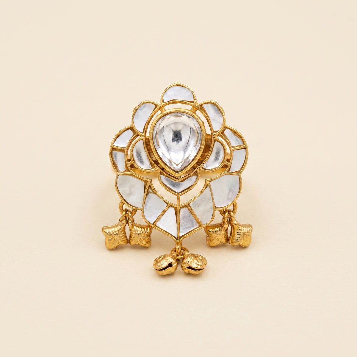 Premium Kundan Adjustable Ring with Dangling Charms - White
