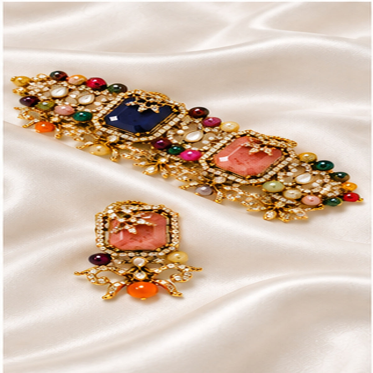 Multicolor Kundan Bracelet & Matching Earring Set - Navy & Peach Multicolor