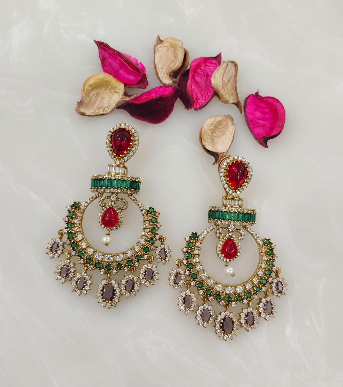 Shiva green and red designer chandelier earrings
