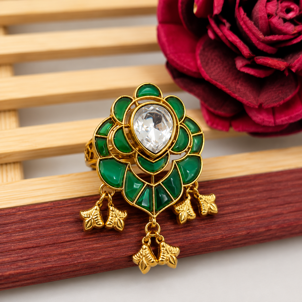 Premium Kundan Adjustable Ring with Dangling Charms - Emerald