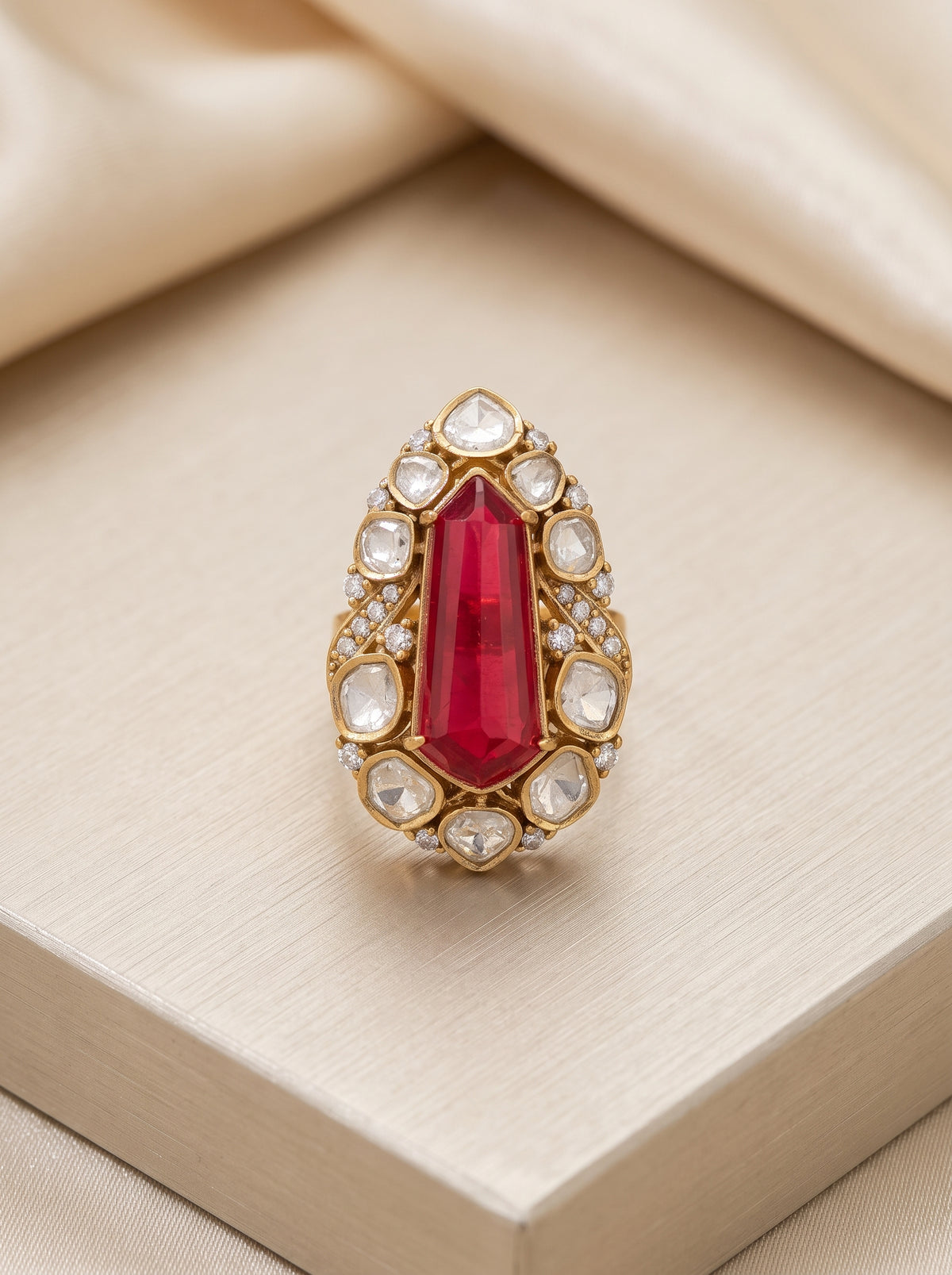 Premium Kundan Adjustable Statement Ring - Ruby