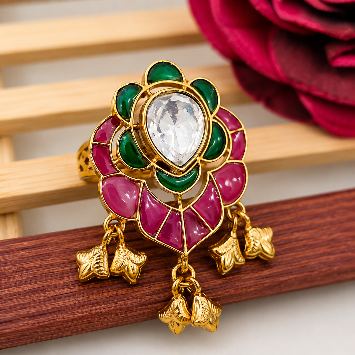 Premium Kundan Adjustable Ring with Dangling Charms - Ruby-Emerald