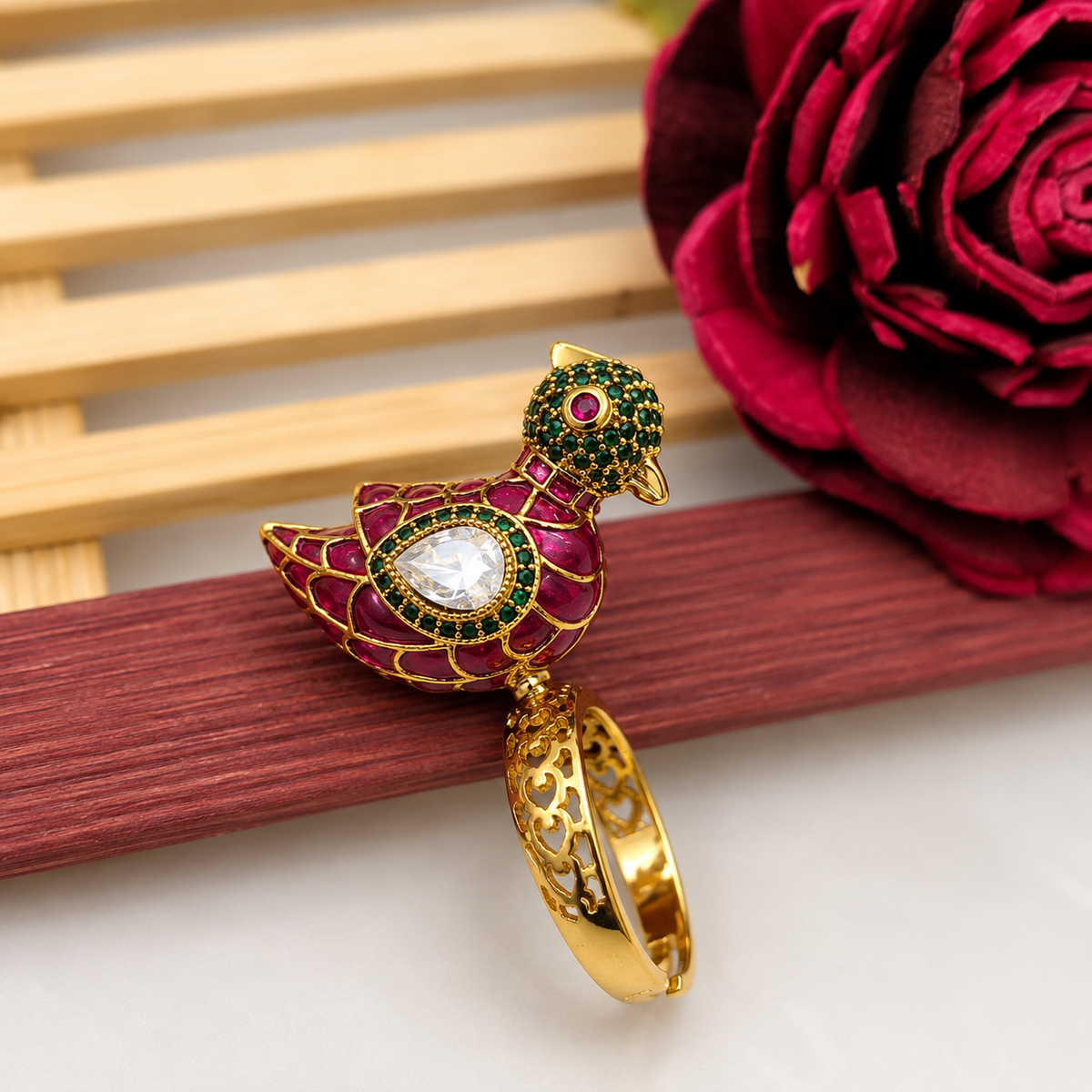 Premium Peacock Adjustable Statement Ring - Ruby Pink