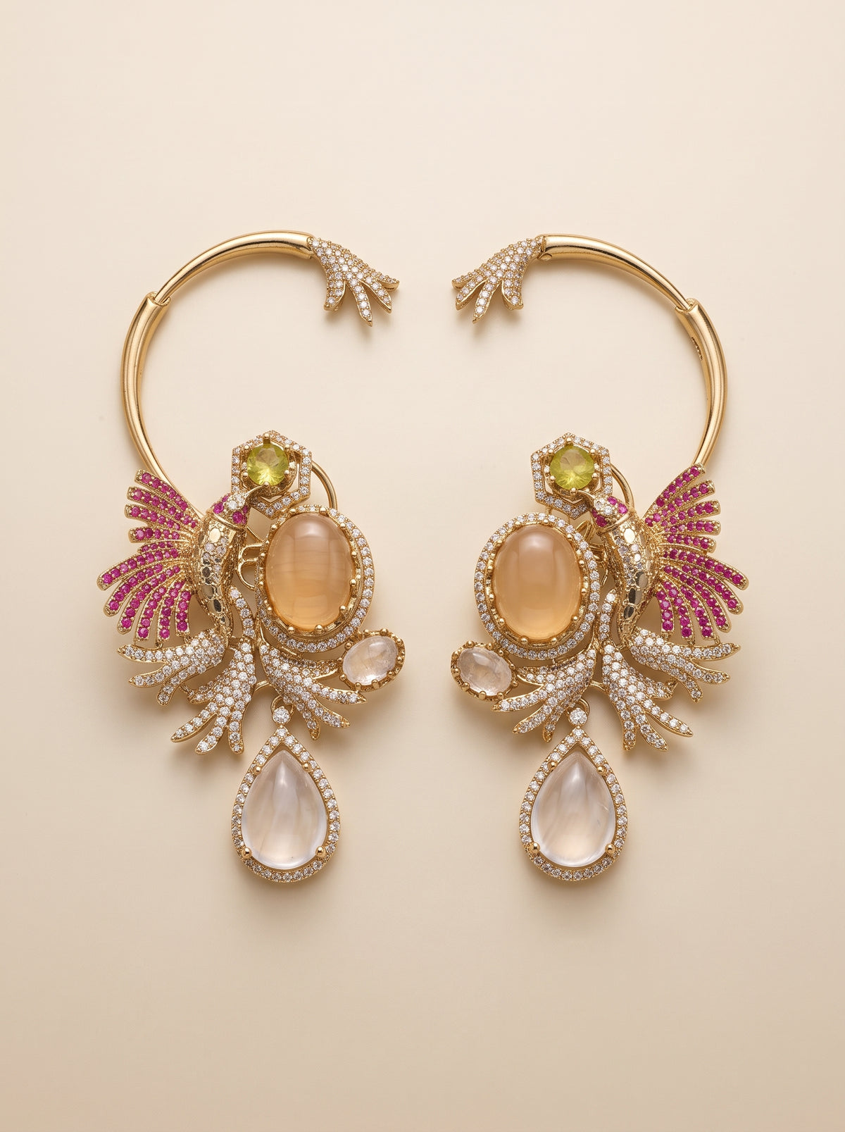 Designer Bird Earcuff Earrings - Champagne-White