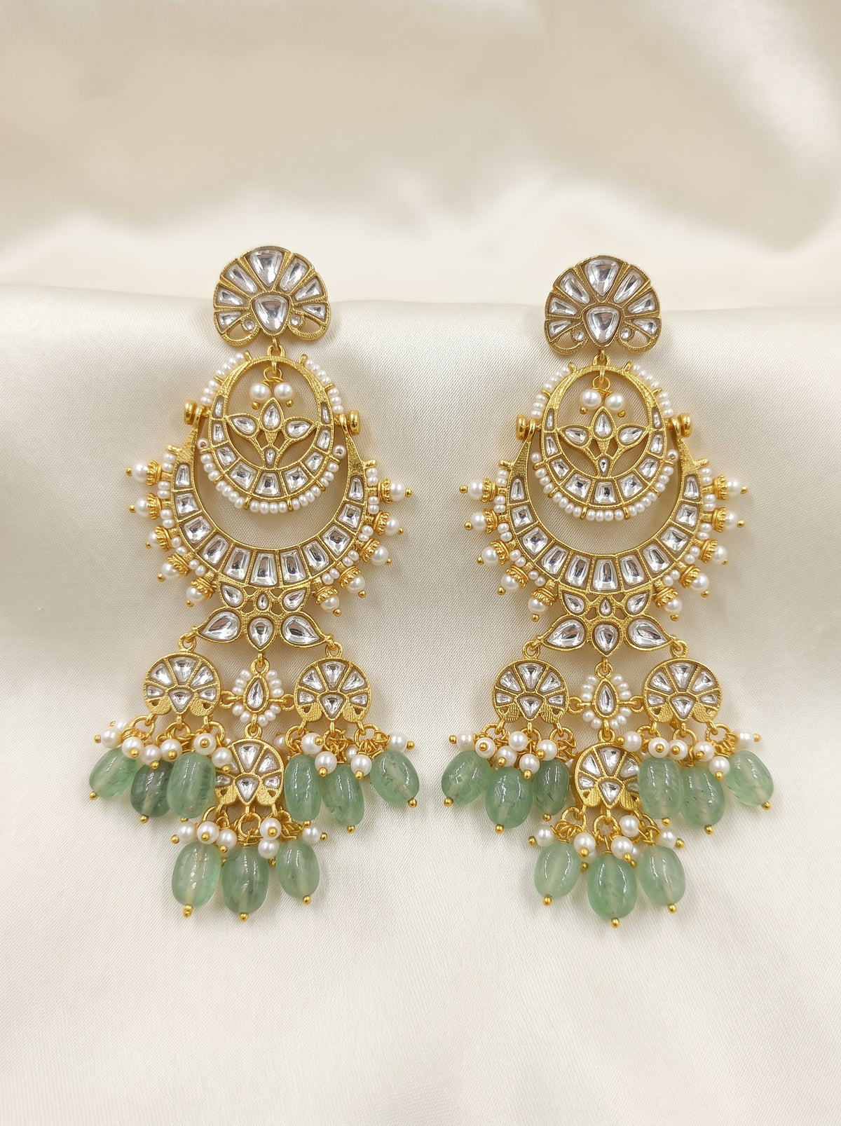 Ahmedabadi Kundan Chandbali Earrings - Mint