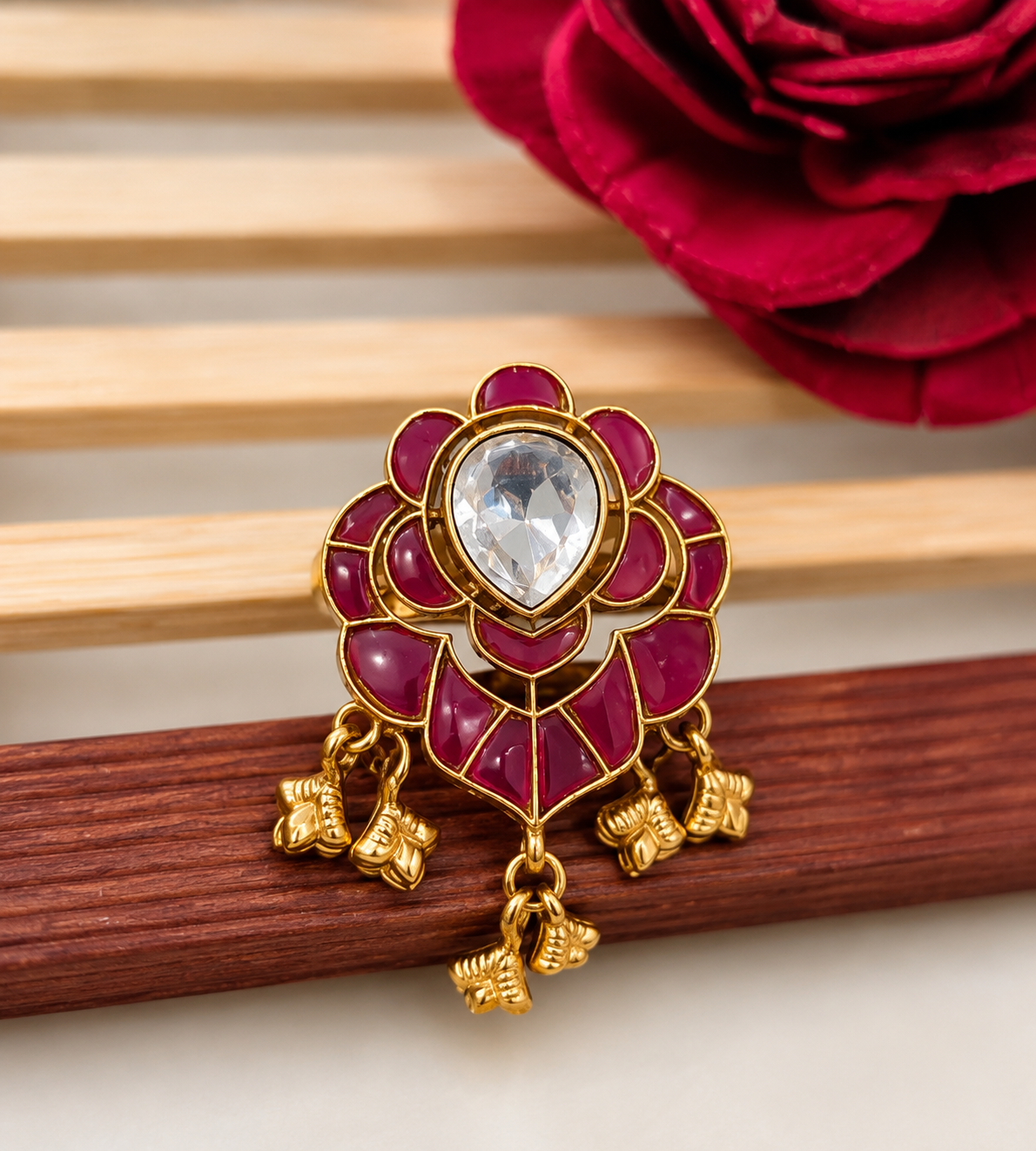 Premium Kundan Adjustable Ring with Dangling Charms - Ruby