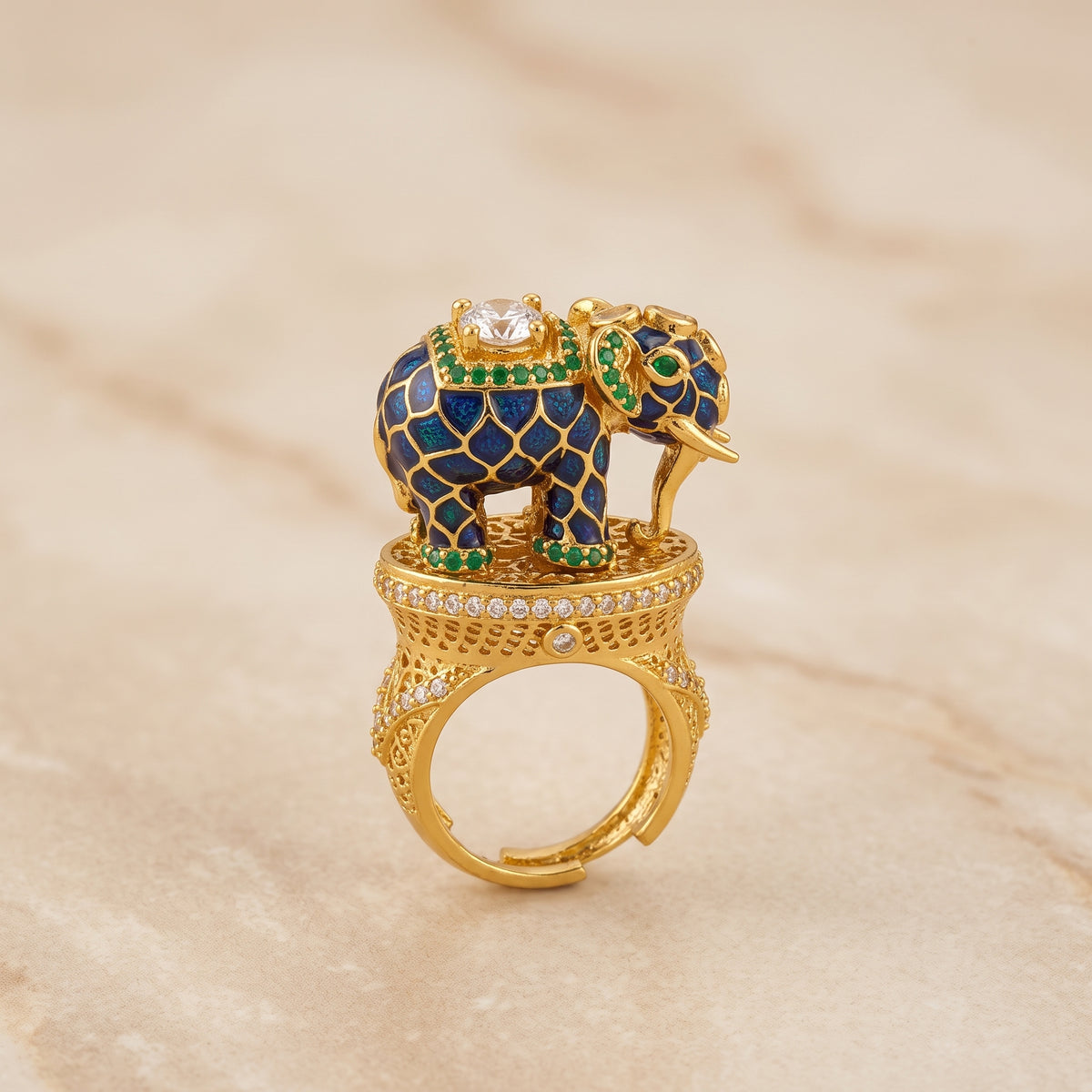 Premium Adjustable Elephant Statement Ring - Navy Blue